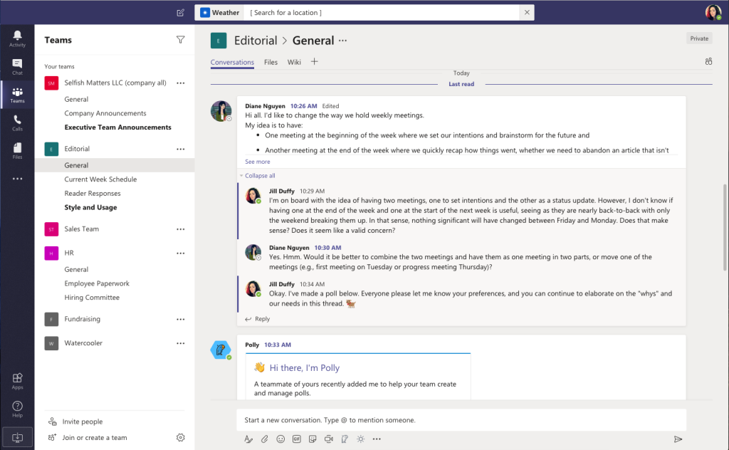 Giao diện một cuộc trao đổi trực tuyến trên Microsoft Teams