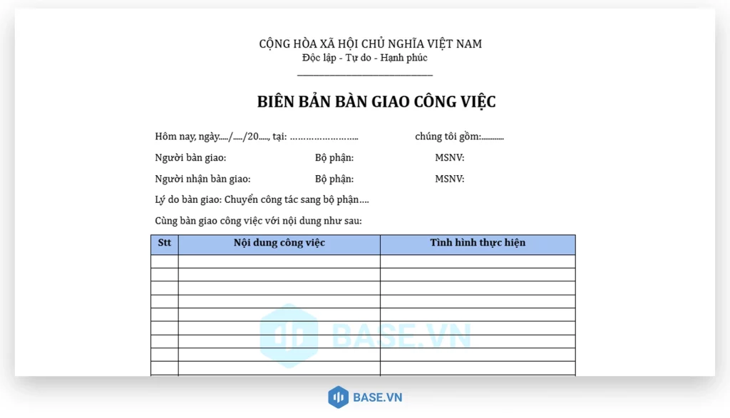 Mẫu biên bản bàn giao công việc khi nhân sự chuyển công tác