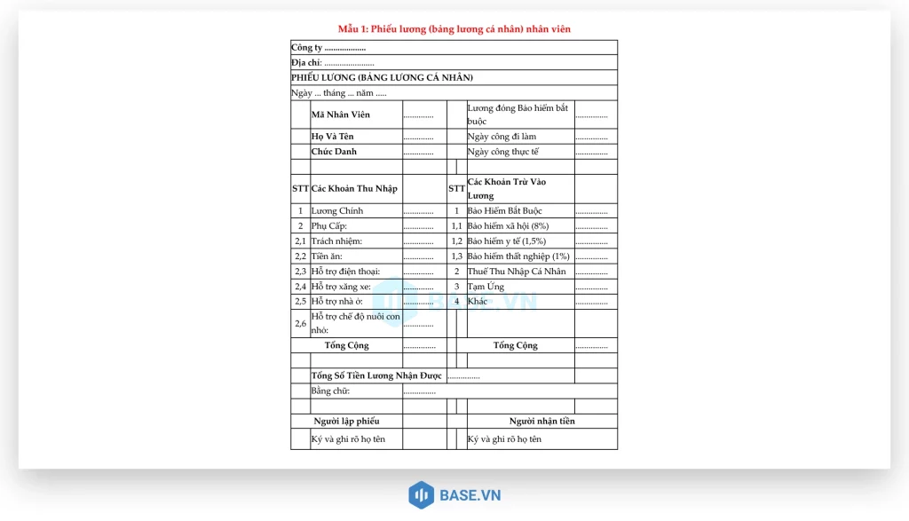 Mẫu phiếu lương cho nhân viên số 1
