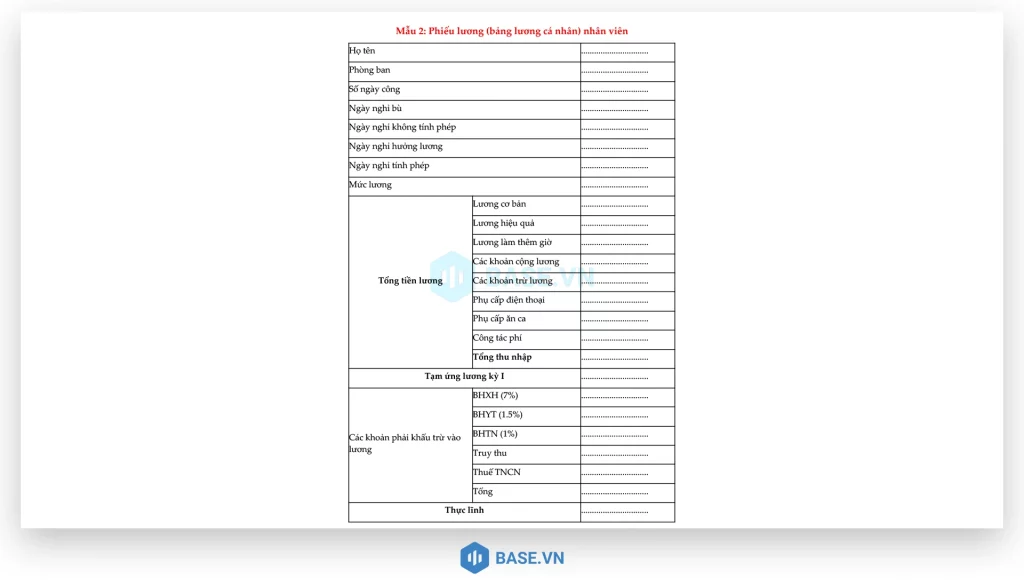 Mẫu phiếu lương cho nhân viên số 2