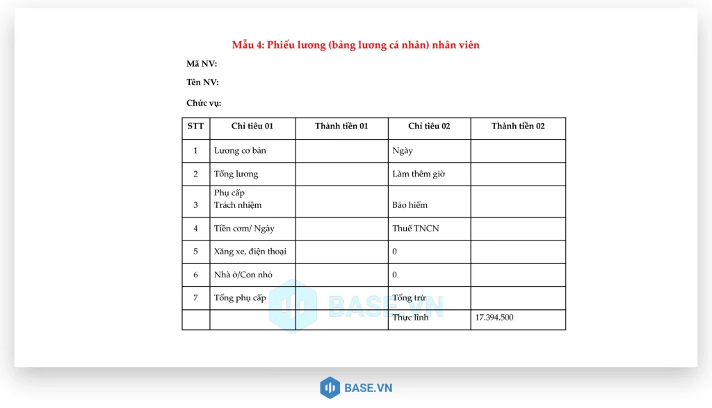 Mẫu phiếu lương cho nhân viên số 4