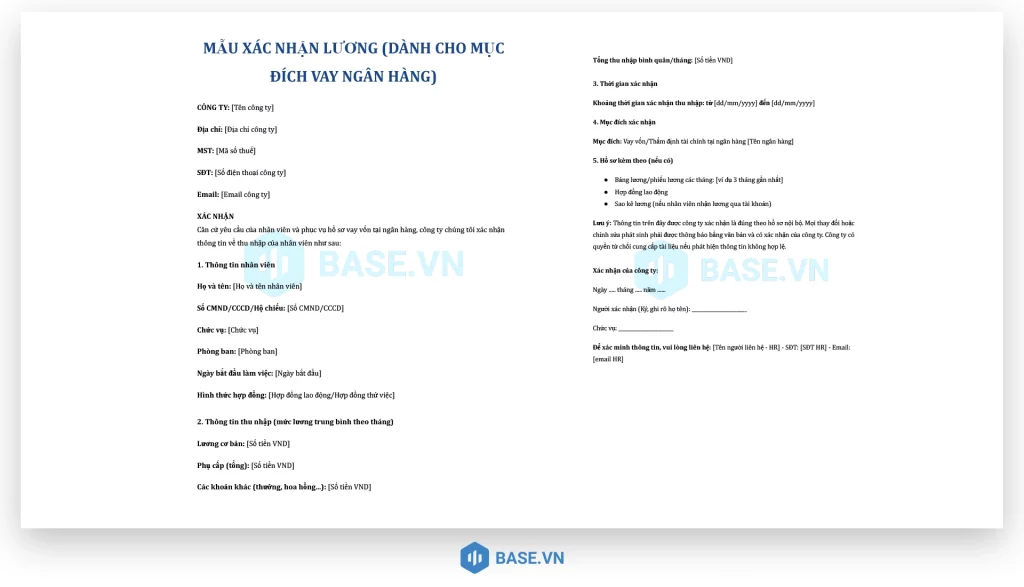 Mẫu xác nhận lương dùng cho vay ngân hàng