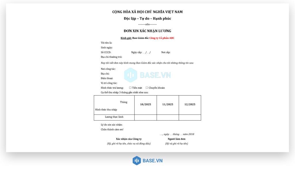 Mẫu xác nhận lương 3 tháng