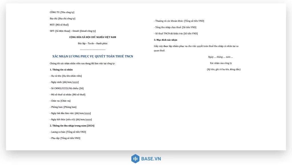 Mẫu xác nhận lương quyết toán thuế