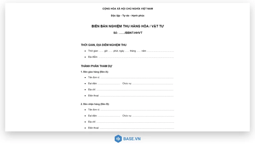 Mẫu biên bản nghiệm thu hàng hóa, vật tư