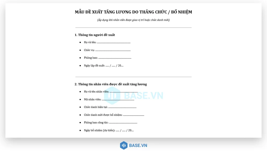 Mẫu đề xuất tăng lương do thăng chức hoặc bổ nhiệm