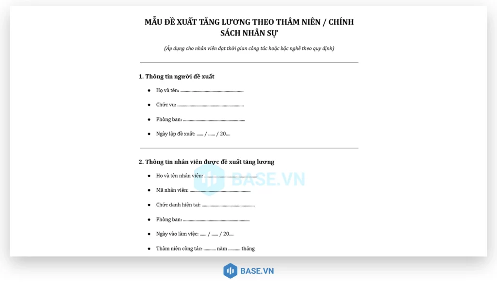 Mẫu đề xuất tăng lương theo thâm niên hoặc chính sách nhân sự