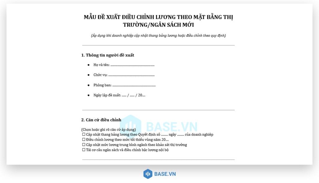 Mẫu đề xuất điều chỉnh lương theo mặt bằng thị trường hoặc ngân sách mới