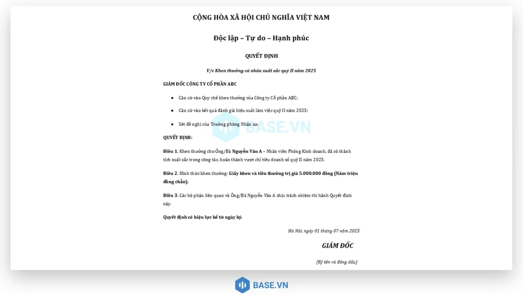 Mẫu quyết định khen thưởng cá nhân xuất sắc