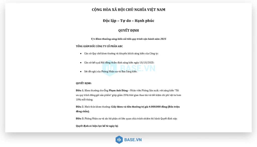 Mẫu quyết định khen thưởng sáng kiến cải tiến