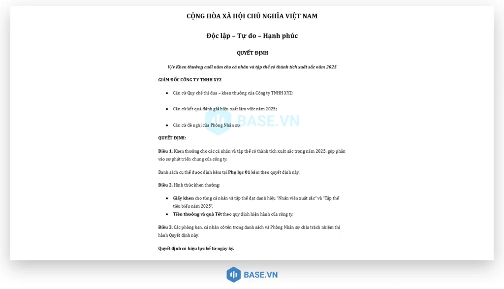 Mẫu quyết định khen thưởng cuối năm