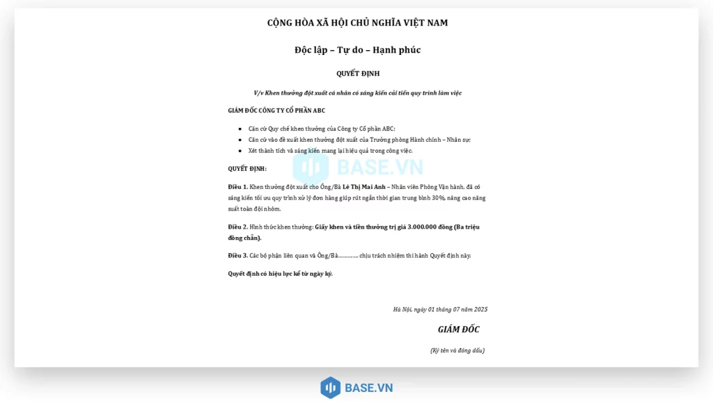 Mẫu quyết định khen thưởng đột xuất