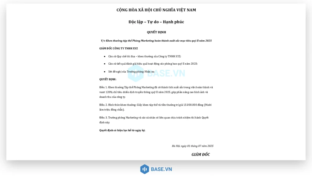 Mẫu quyết định khen thưởng tập thể phòng ban