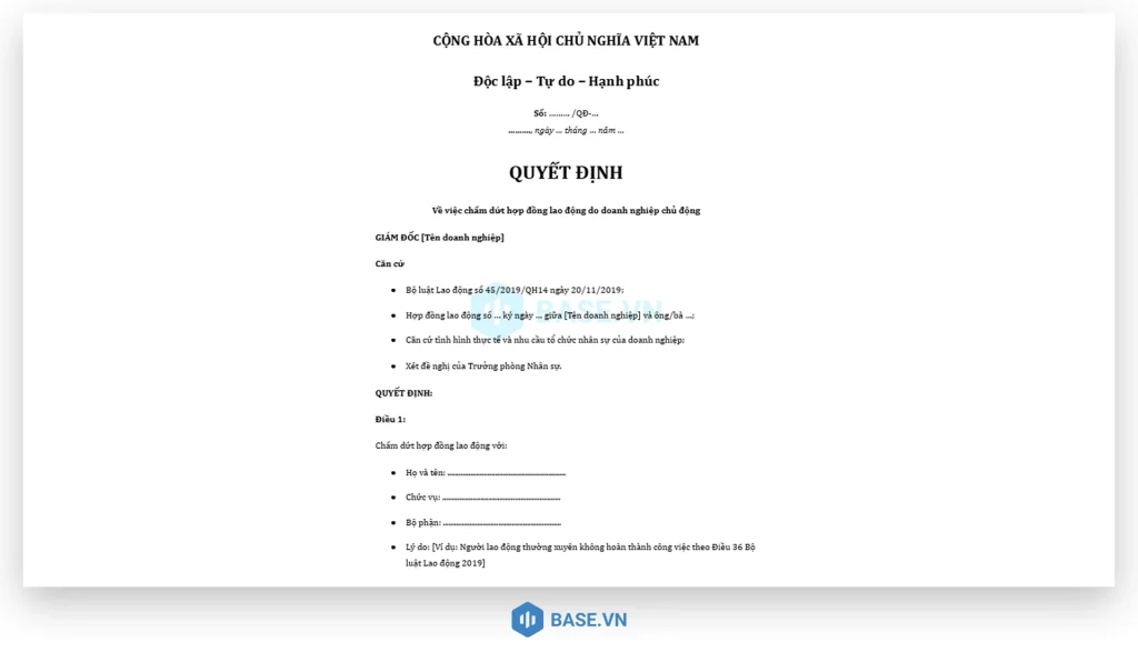 Mẫu quyết định nghỉ việc do doanh nghiệp chủ động chấm dứt